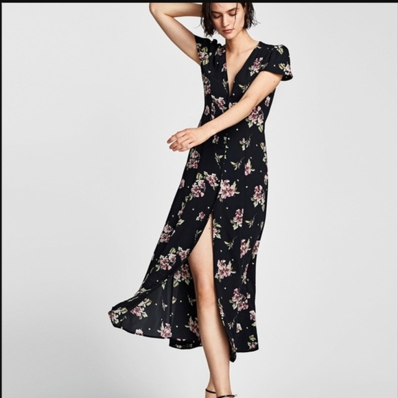 Zara Dresses & Skirts - Zara Button Front Black Floral Maxi Dress Slit